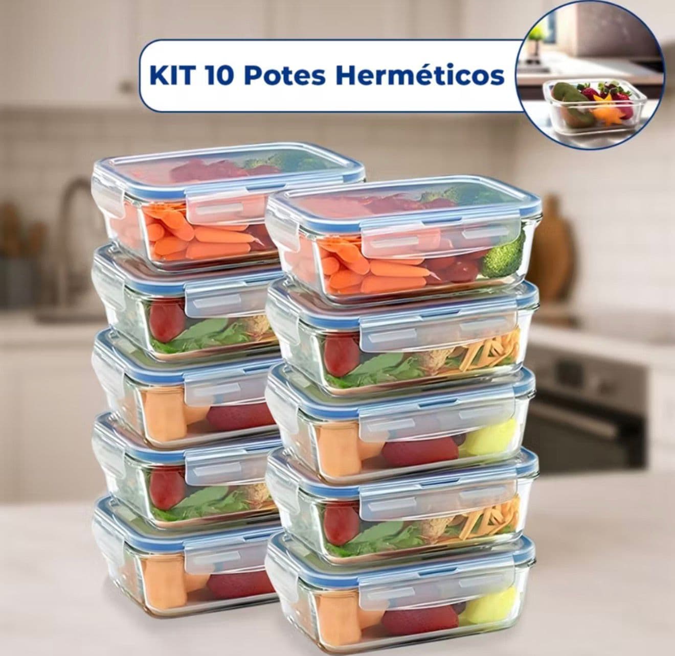 Kit 10 Pote de Vidro Hermético Retangular